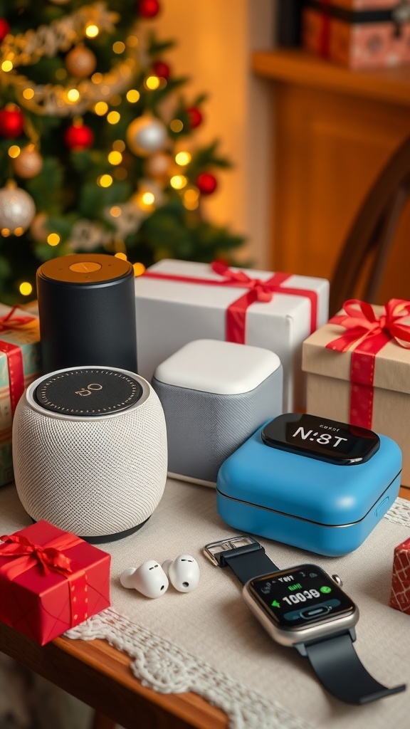 Top Electronic Gift Ideas for Christmas A collection of electronic gadgets for Christmas gifts, including smart speakers and wireless earbuds, surrounded by holiday decorations.